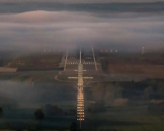 Runway approach lights at dusk